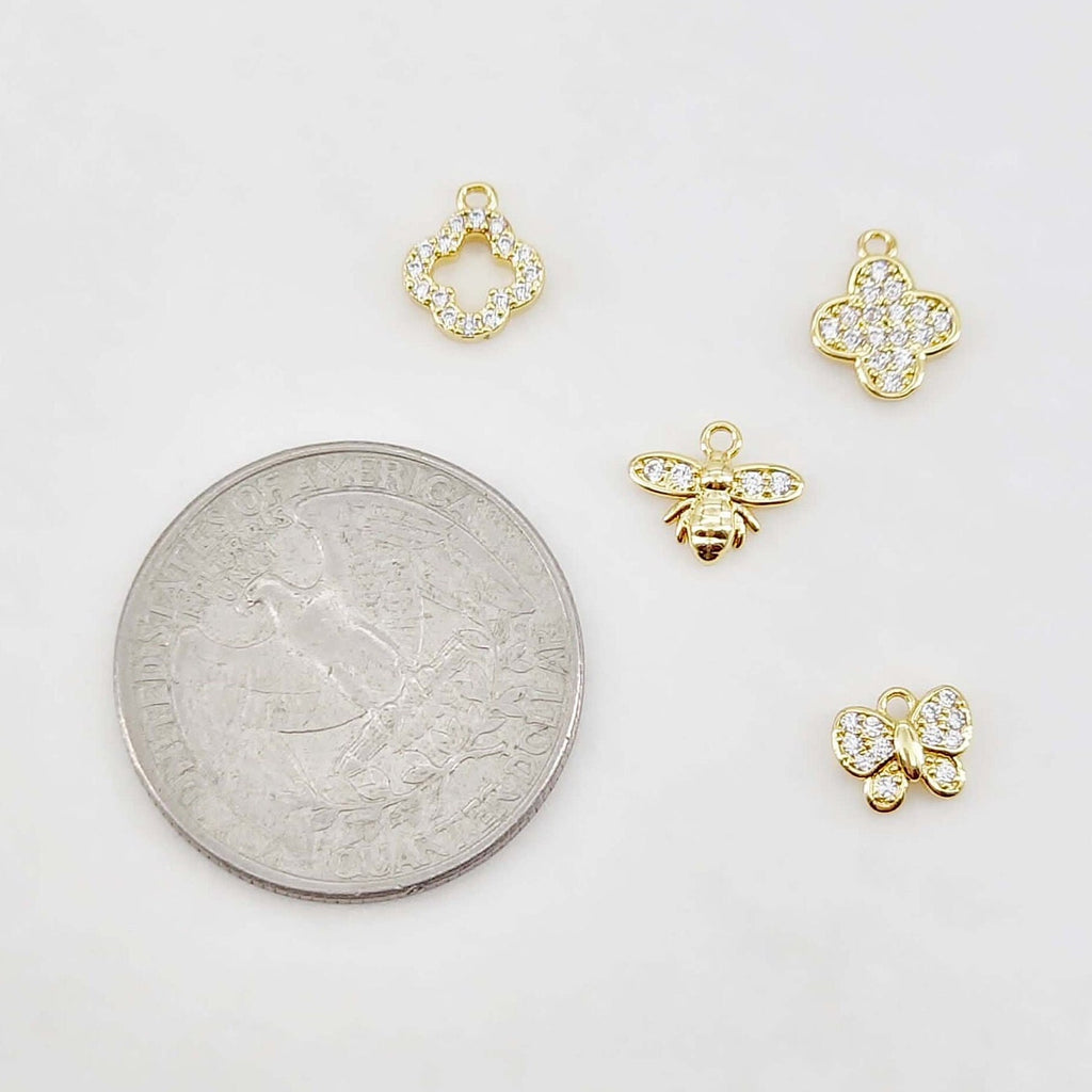 Flowers and Insects Charm, Butterfly, Bee, Four Leaf Clover, 18K Gold Plated, Cubic Pave Charm, Necklace Jewelry Finding S20643