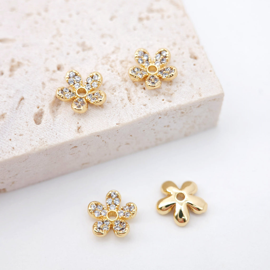 10 cuentas espaciadoras pequeñas con forma de flor, chapadas en oro de 18 quilates, con pavé de circonita cúbica, de 8 mm, para hacer pulseras y collares, accesorio de joyería S20341