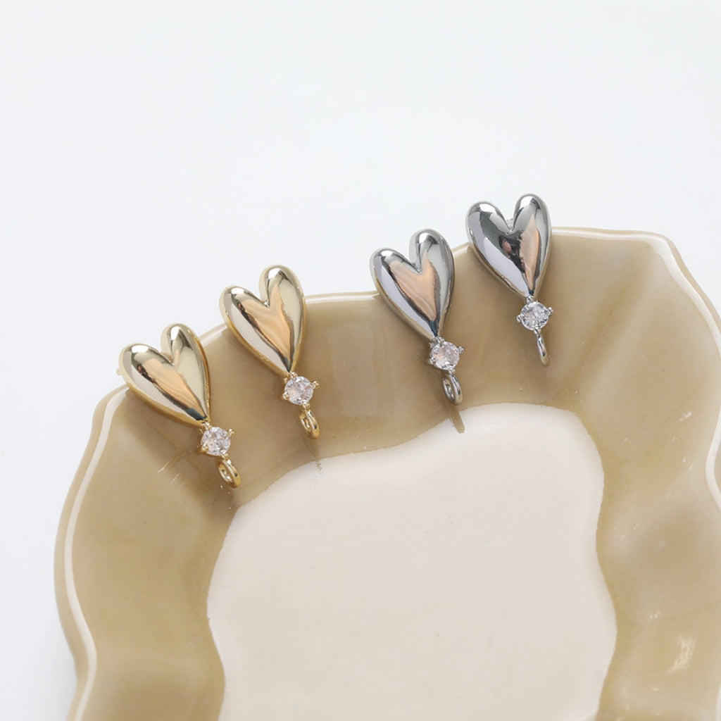 Gold Polished love heart CZ Earring Post,  14K Gold Nickel Free Earrings, S925 Silver Ear Pins, 20mm, Heart Shape Ear Stud with Loop bb137