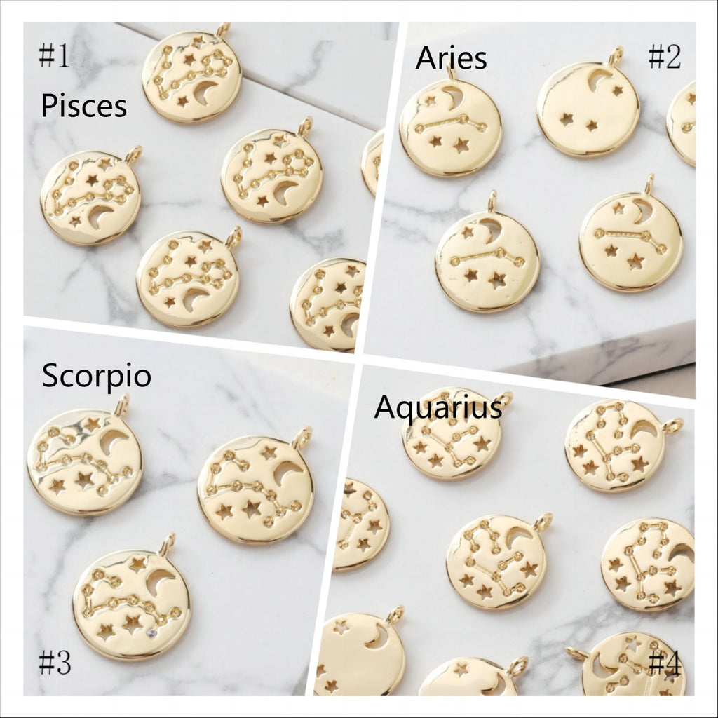 Zodiac Charms, Round Constellation Pendant, 14K Gold Plated Zodiac Sign, Necklace Making Charms, Birthday Gift Jewelry Findings JG048