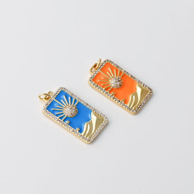 Enamel Sun Card Charms, Micro CZ Pave Sun Pendant, Black, Orange, Blue, 18K Gold Plated, Necklace Making Charms, Jewelry Findings S20427