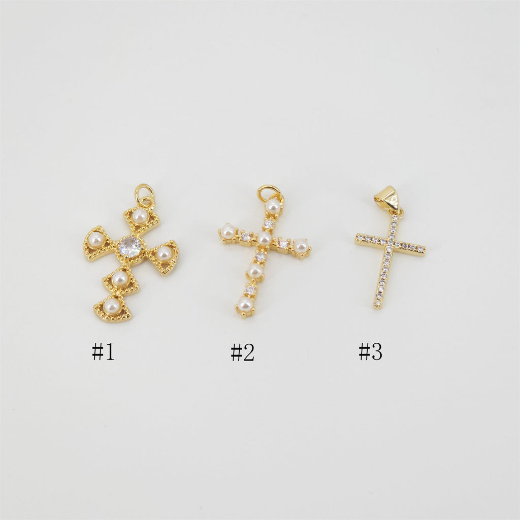 Cross Charms, CZ Pave Cross Pendant, Multiple Cross Styles, 18K Gold Plated Brass, Necklace Making Charms, Jewelry Findings S20736
