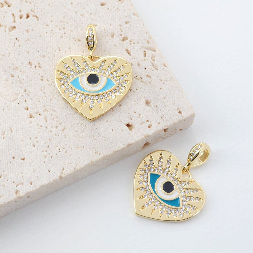 Heart Shape Evil Eye Charm, 18K Gold Plated Micro CZ Pave Enamel Eye Pendant, 22x20mm, Necklace Making Charm, Jewelry Findings S901