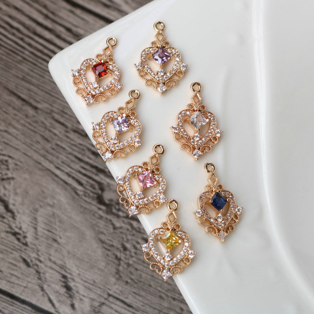 10pcs CZ Pave Heart Charm, Cubic Zircon Crystal Pendant, Bracelet Necklace Pendant, 14K Real Gold Plated, Jewelry Findings HL102-F105