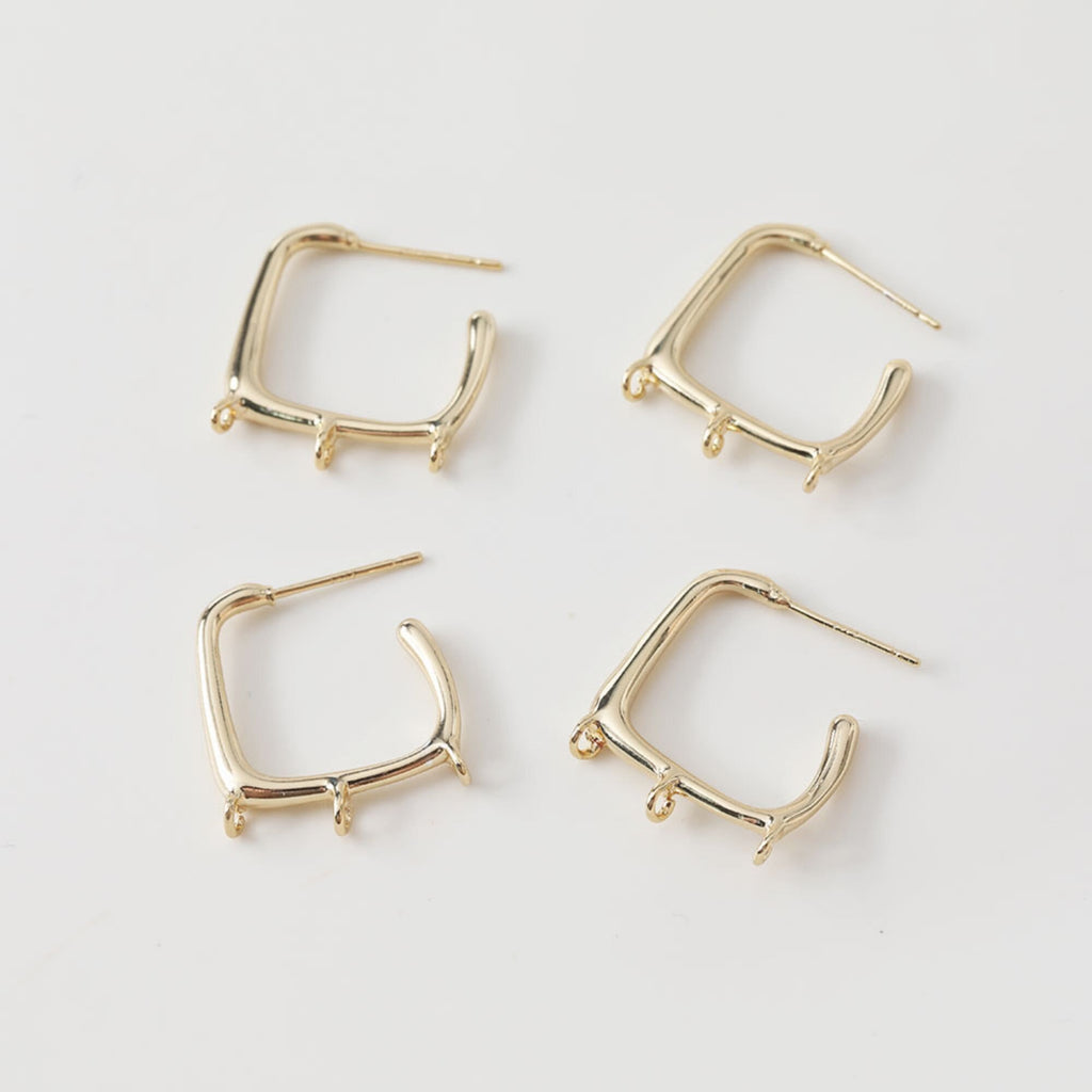 14k Gold Square Earrings, with 3 Loops, S925 Silver Ear Pin Nickel Free Earrings, Ear Stud Loop, Hypoallergenic Earring Findings BB026