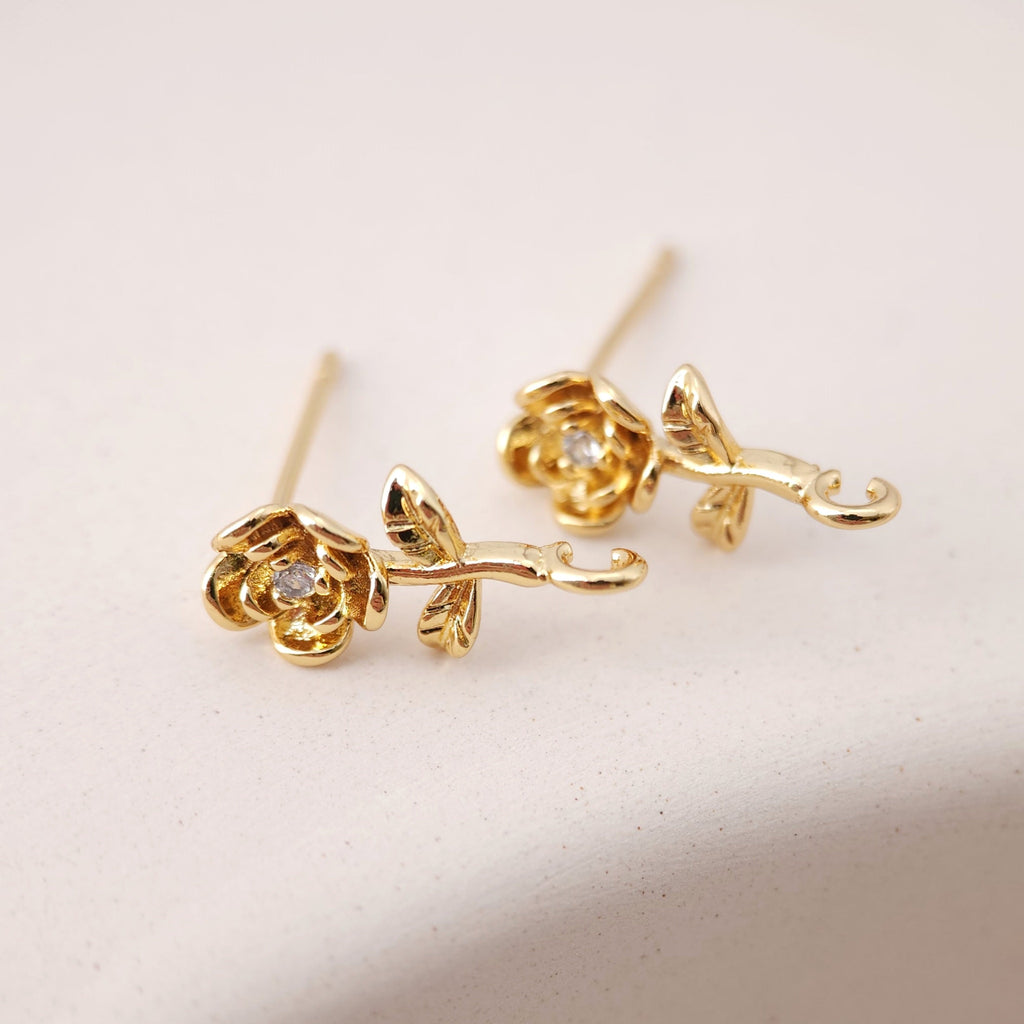 Poste para pendientes con forma de rosa, pendiente de botón de latón chapado en oro auténtico de 18 quilates con aro, pasador de plata S925, sin níquel, fornitura para pendientes S1196