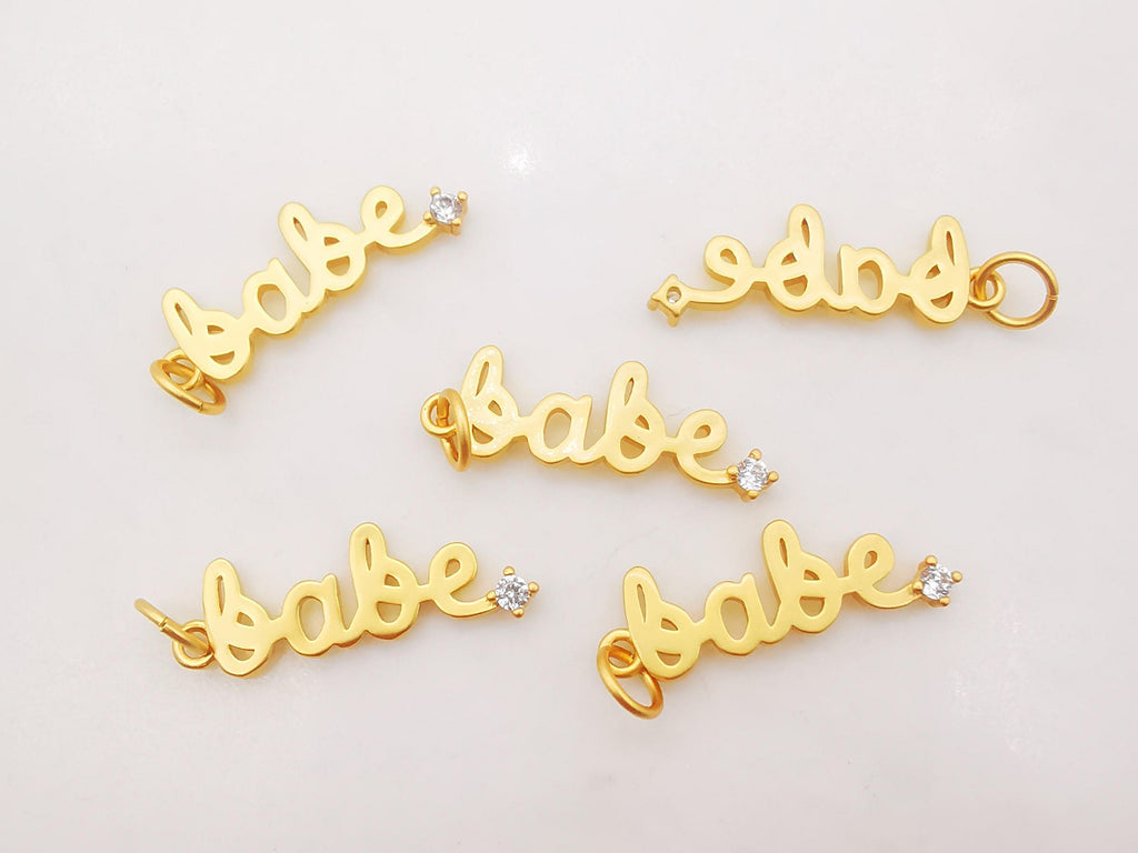 Dainty Babe Charms, 18K Matte Gold Cubic Pave Charms For Necklace Bracelet Making, Babe Word Pendant, Jewelry Findings S265