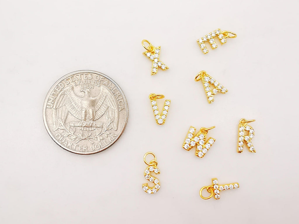 Dainty Cubic Alphabet Letter Charm, 18K Gold Plated CZ Micro Pave Initial Pendant, 8mm, Necklace Bracelet Earring Making S904