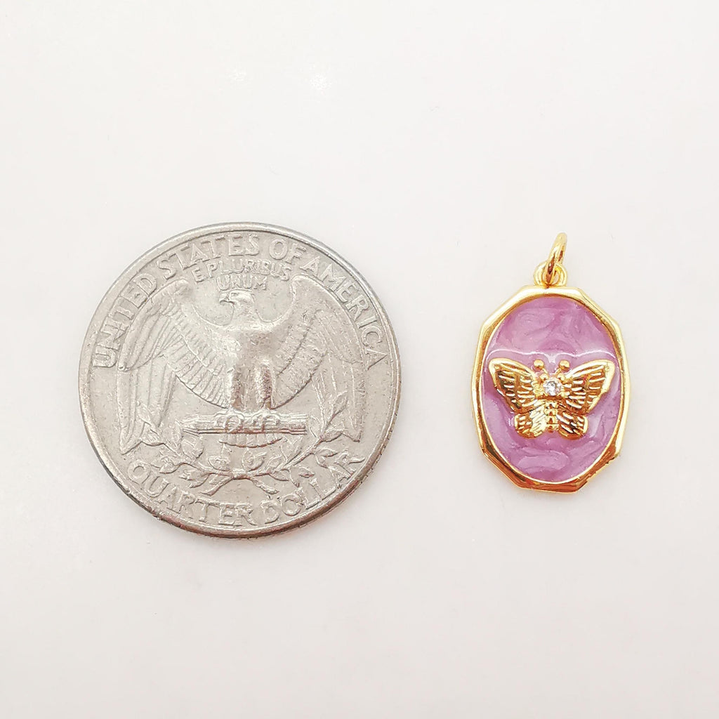 Oval Shape Butterfly Charm, 18K Gold Plated Purple Enamel Butterfly Pendant, 12x18mm, Necklace Making Charm, Jewelry Findings S1075