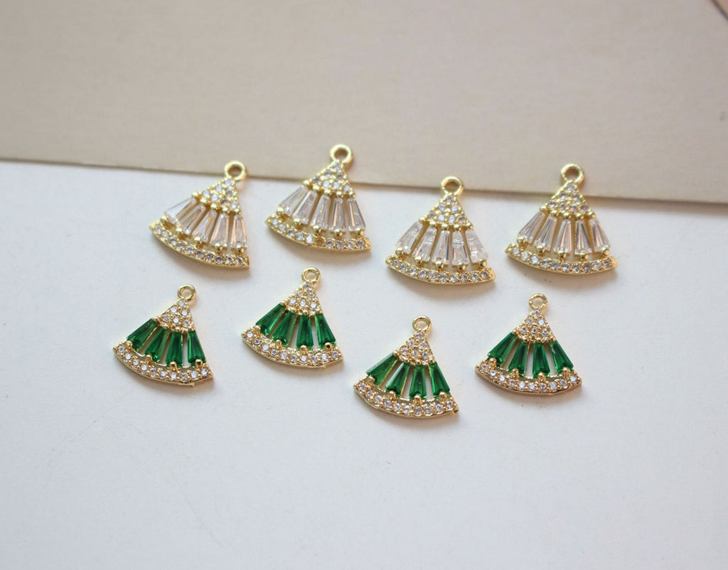 CZ Pave Fan Shape Charm, Cubic Zircon Crystal Fan Connector, CZ Earring Charms, Gold Plated  Earring Charms, Jewelry Findings BB030-F031