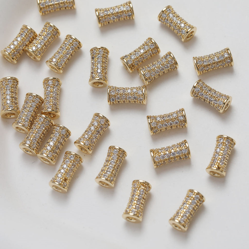 Cylindrical Cubic Spacer Beads, 14K Gold Plated, Cubic Zirconia, 3D Flower Beads, Dainty Earring Making Beads, Jewelry Finding GZ355