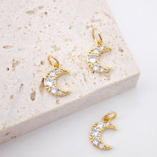 Load image into Gallery viewer, Tiny Cubic Crescent Moon Charm, 18K Gold Plated Moon Pendant, Clear Micro CZ Pave Horn Charms, 8x7mm, Jewelry Findings S772