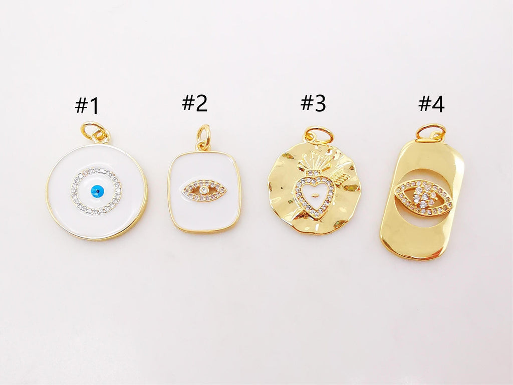 Enamel Evil Eye Charm, Coin Pendant, Heart Charm, 18K Gold Plated CZ Pave Eye Pendant, Necklace Making Charm, Jewelry Findings S385