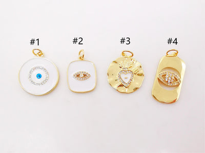 Enamel Evil Eye Charm, Coin Pendant, Heart Charm, 18K Gold Plated CZ Pave Eye Pendant, Necklace Making Charm, Jewelry Findings S385