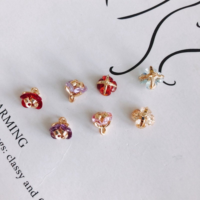 10pcs Flower Pendant Charm with loops, 3D Mini Flower, Cubic Pave Pendant, Bracelet Necklace Making, Gold Plated Jewelry Findings MY065-F059