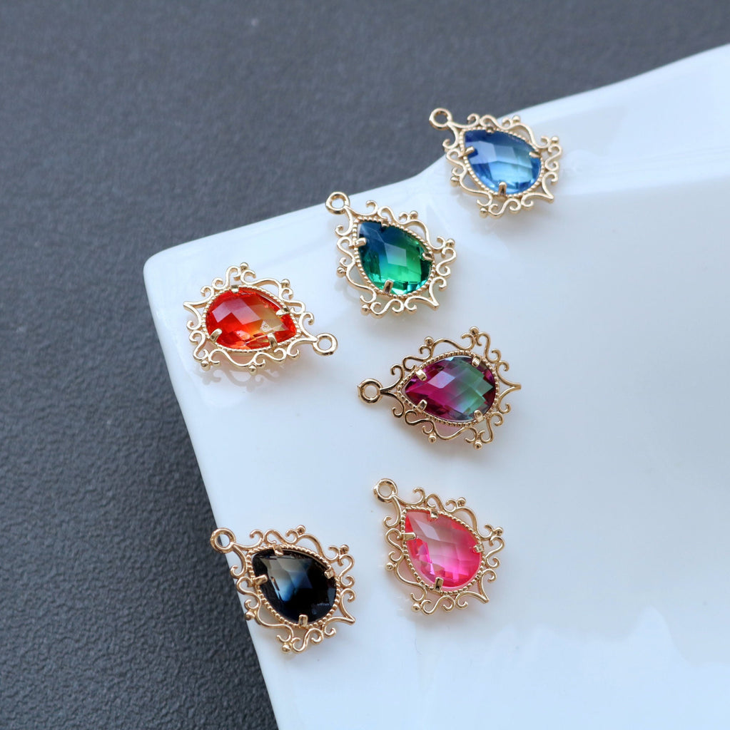 10pcs- Vintage Crystal Teardrop Charms, 14K Gold Plated Teardrop Pendant, 19x31mm, Jewelry Findings HL054-F147