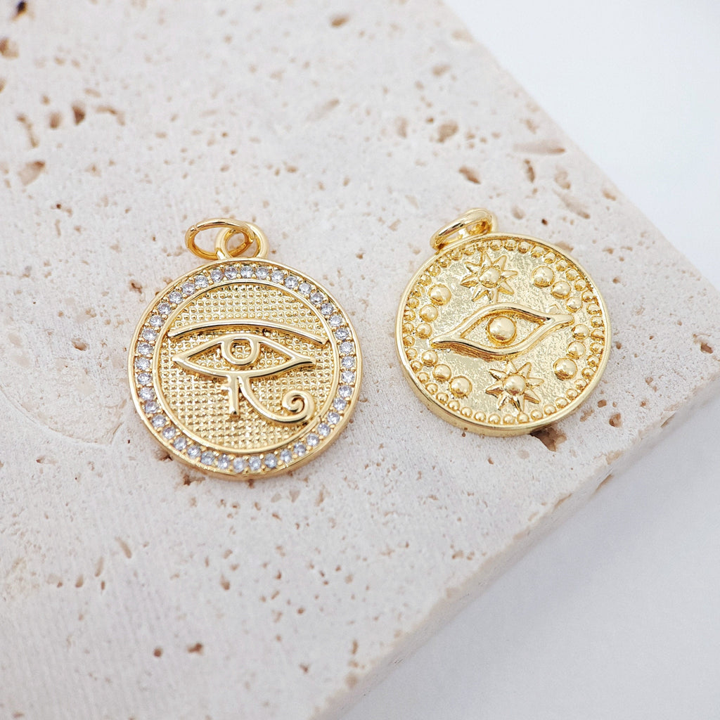 Evil Eye Coin Charm, 18K Gold Plated Round Eye Pendant, 16mm, Necklace Earring Bracelet Making Charm, Jewelry Findings S913