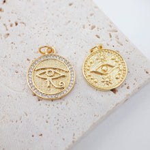Load image into Gallery viewer, Evil Eye Coin Charm, 18K Gold Plated Round Eye Pendant, 16mm, Necklace Earring Bracelet Making Charm, Jewelry Findings S913