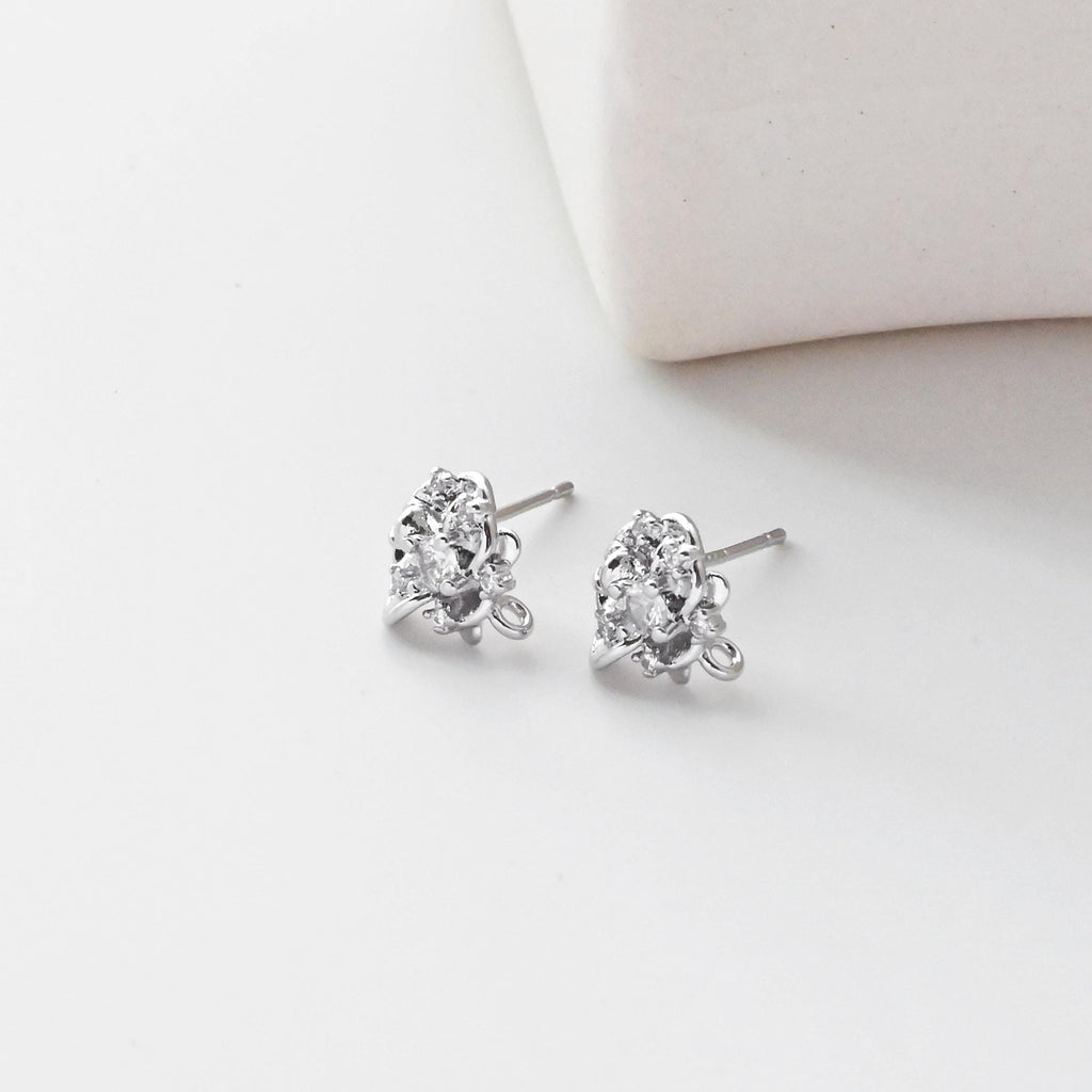 Poste para pendientes con forma de rosa, pendiente de botón de latón chapado en oro auténtico de 18 quilates con aro, pavé de circonitas cúbicas, sin níquel, fornitura D0450