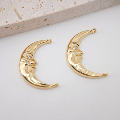 Moon Charm, Crescent Double Loop Connector Pendant, 18K Gold Plated Face Charm, 24x17mm, Necklace Making Charm, Jewelry Findings S106