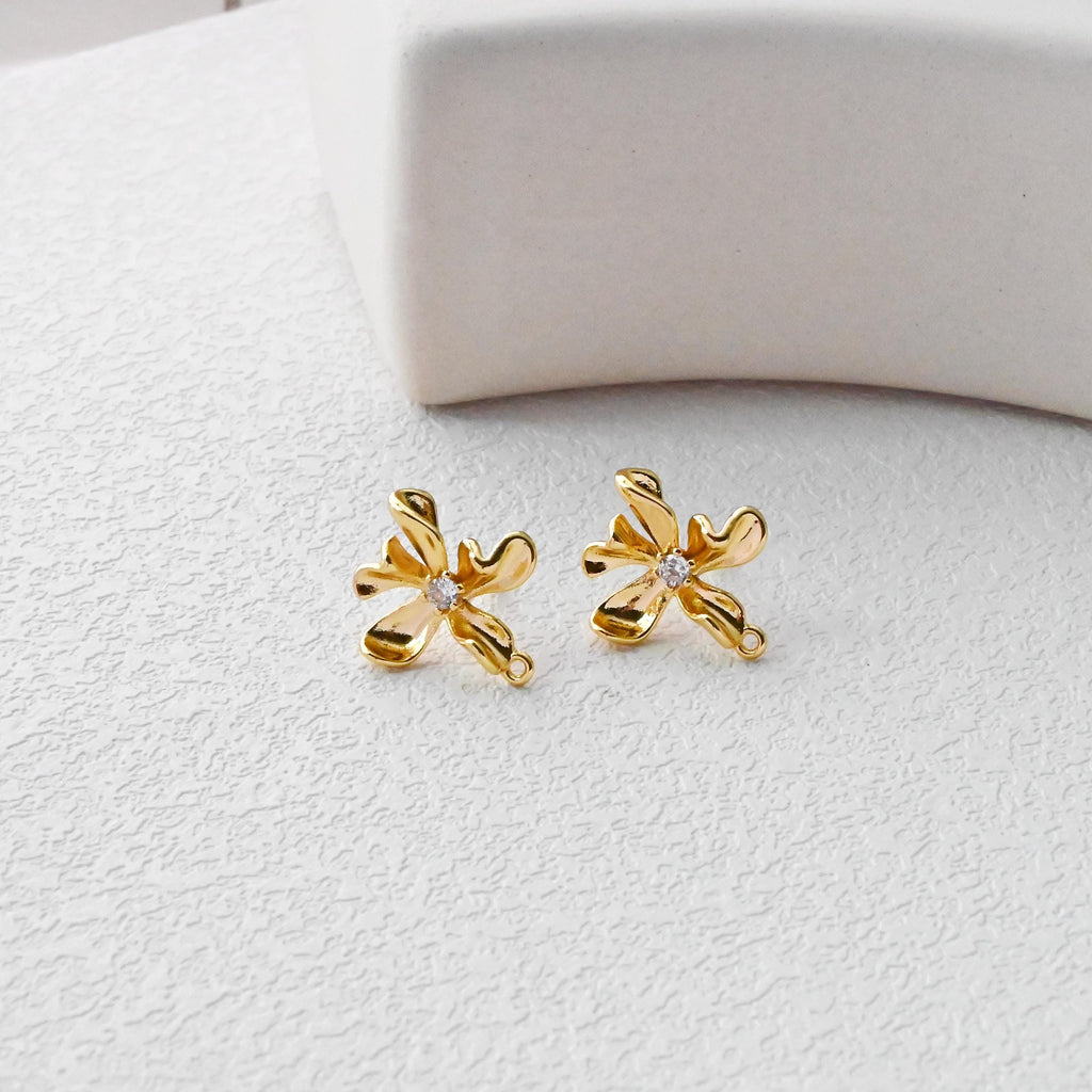 Flower Earring Post, 18K Real Gold Plated Brass Stud Earring With Loop, S925 Silver Pin, CZ Pave, Nickel Free, Earring Finding D0490