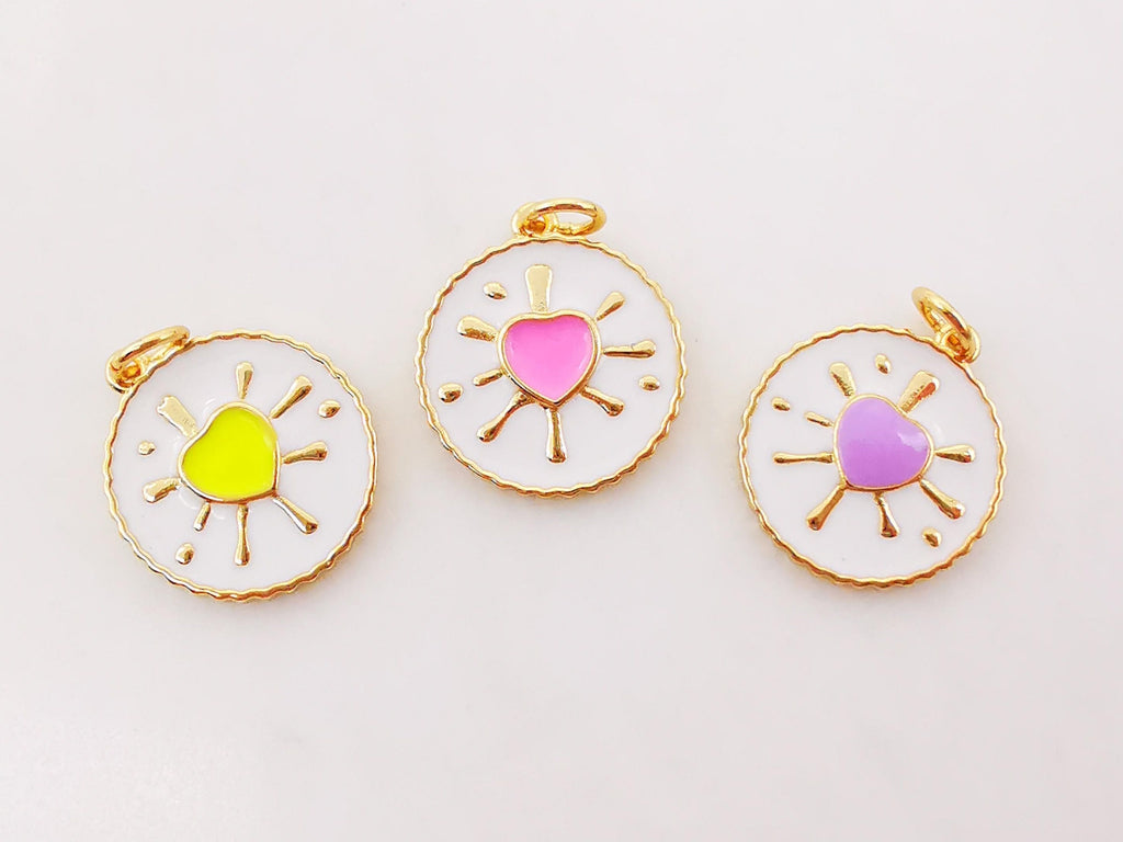 Enamel Round Heart Charm, 18K Gold Plated Love Pendant, 16mm, Necklace Making Charm, Jewelry Findings S995