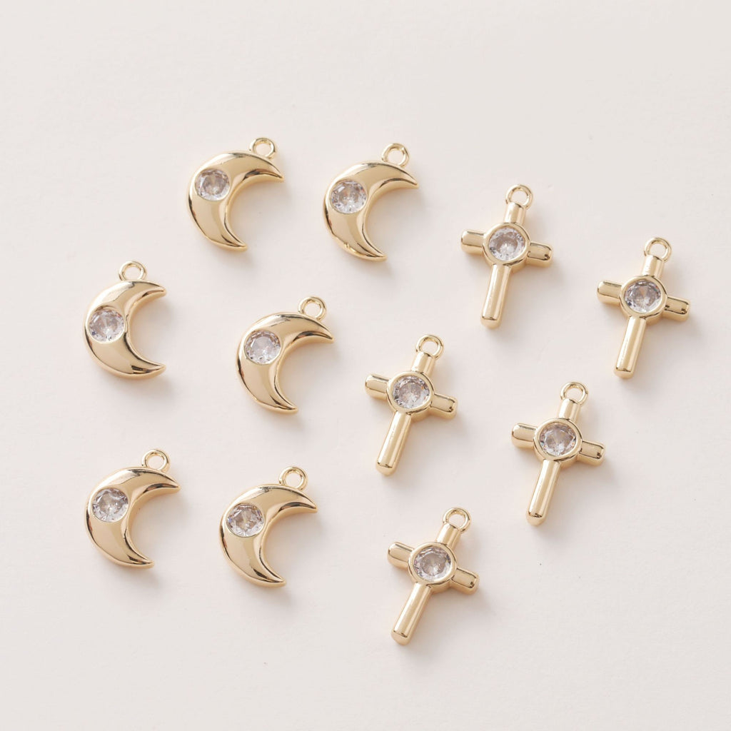 CZ Pave Moon⨯ Charm, Cubic Zircon Crystal Pendant, CZ Earring Charms,  Real Gold Plated Brass Earring Charms, Jewelry Findings GZ395