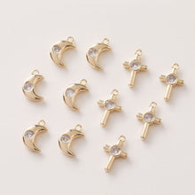 Load image into Gallery viewer, CZ Pave Moon⨯ Charm, Cubic Zircon Crystal Pendant, CZ Earring Charms,  Real Gold Plated Brass Earring Charms, Jewelry Findings GZ395