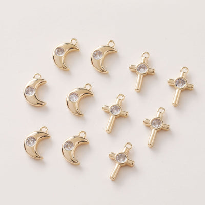 CZ Pave Moon⨯ Charm, Cubic Zircon Crystal Pendant, CZ Earring Charms,  Real Gold Plated Brass Earring Charms, Jewelry Findings GZ395