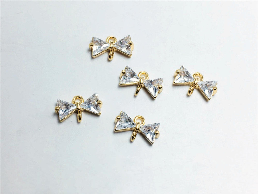 10 dijes de pajarita con pavé de circonita cúbica, colgante de pajarita con cristal de circonita cúbica, colgante para pulsera y collar, chapado en oro, accesorios de joyería STG004-F222