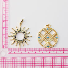 Load image into Gallery viewer, Sun Pendant, CZ Pave, Boho Round Pendant, Openwork Charm, 18K Gold Plated CZ Pave, Necklace Making Charm, Jewelry Findings