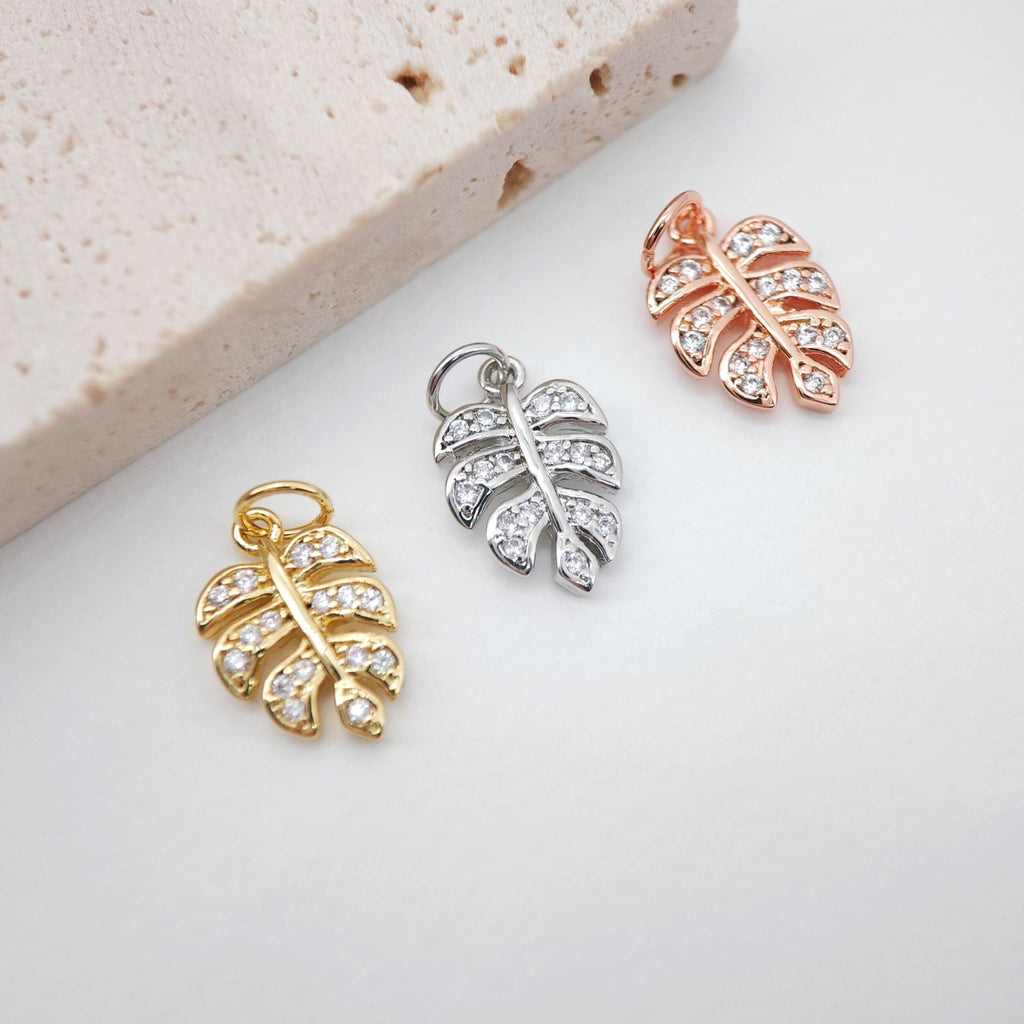 Cubic Leaf Charms, 18K Gold Leaf Pendants, 15x10mm, Micro pave charms for Necklace Bracelet Earring, Jewelry Findings S732