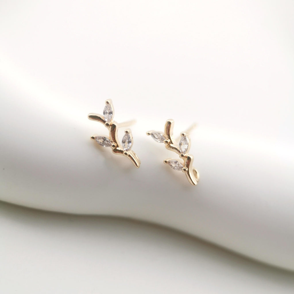 4pcs Gold Leaf Earring Post With Loop, S925 Silver Ear Pin Nickel Free Earrings, CZ Pave Ear Stud, Hypoallergenic Earring Findings ZX039