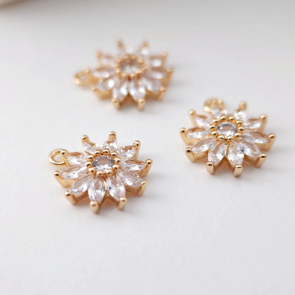 CZ Pave Flower Charm, Cubic Pendant, Earring Connectors, Real Gold Plated Brass Earring Charms, Jewelry Findings D0077