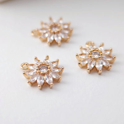 CZ Pave Flower Charm, Cubic Pendant, Earring Connectors, Real Gold Plated Brass Earring Charms, Jewelry Findings D0077