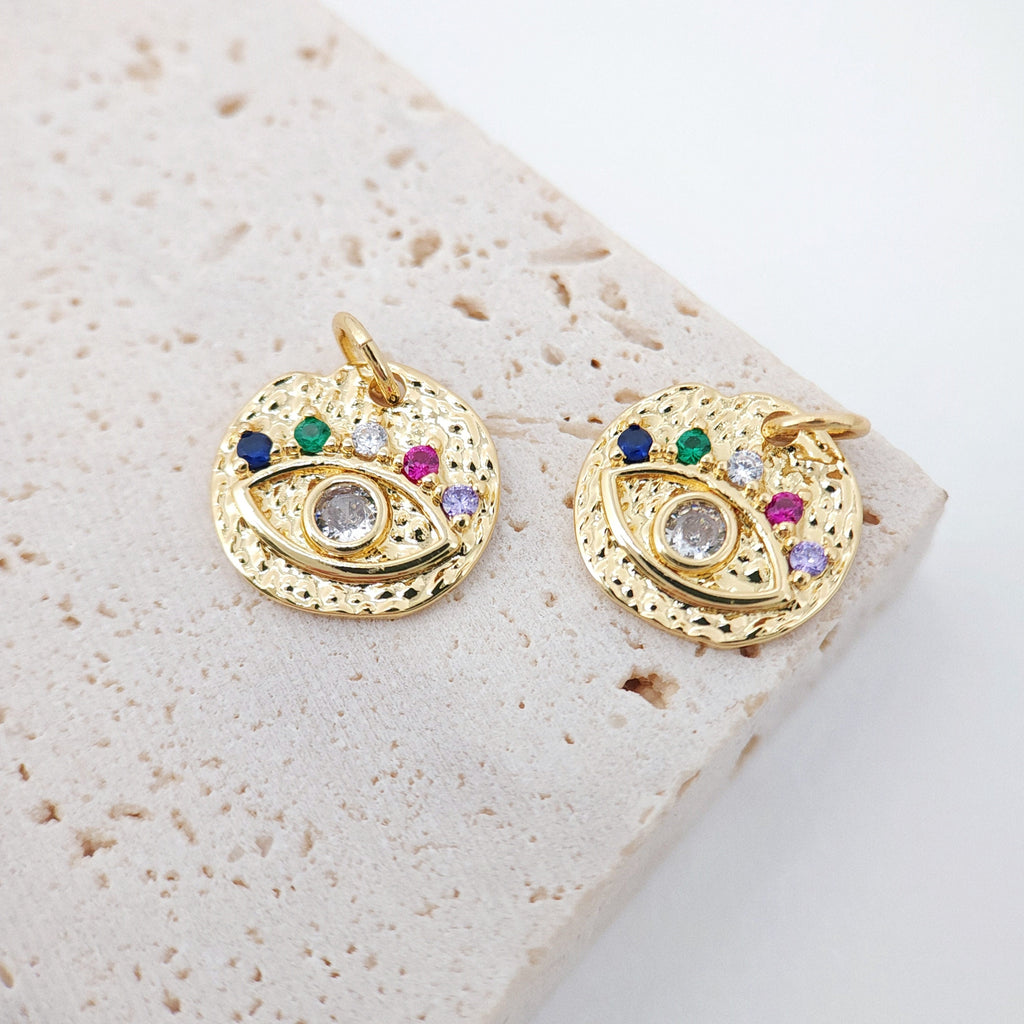 Colorful Cubic Evil Eye Charm, 18K Gold Plated Micro CZ Pave Round Pendant, 14mm, Necklace Making Charm, Jewelry Findings S130
