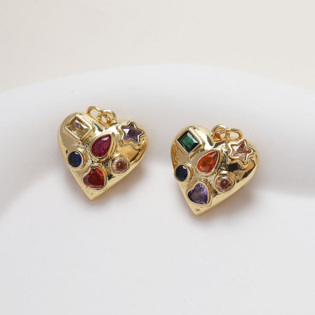 Gold Heart Charms, Rainbow CZ Pave, 18K Gold Plated, Love Pendant, Necklace Making Pendants, Jewelry Findings GZ343