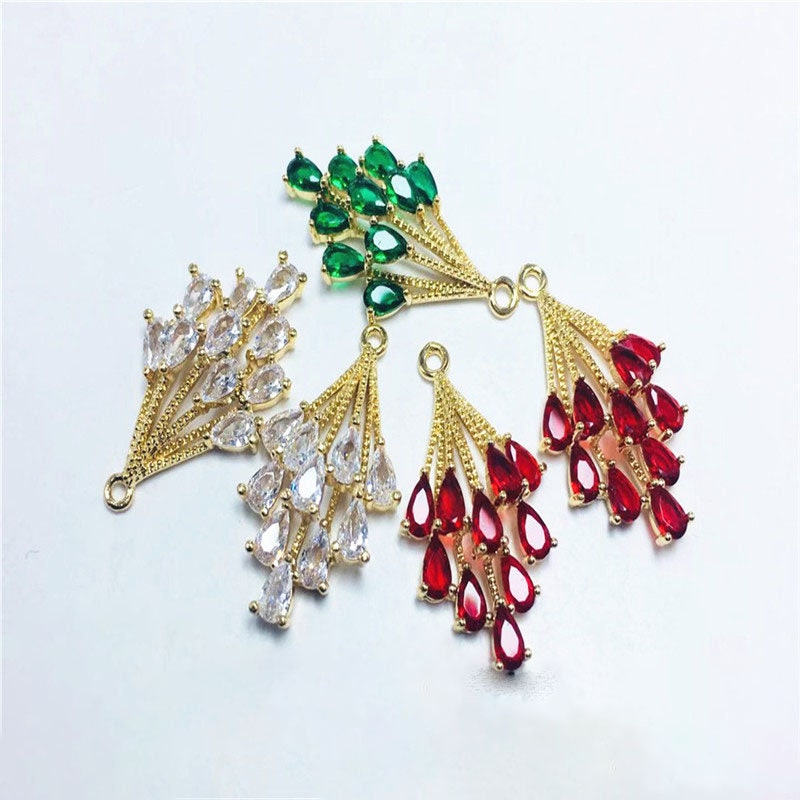 CZ Pave Leaf Charm, Cubic Zircon Crystal Leaf Pendant, CZ Earring Charms,  Real Gold Plated  Earring Charms, Jewelry Findings ZR007-F044