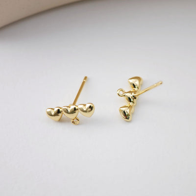 Gold Polished love heart Earring Post,  18K Gold Plated Earrings, Nickel Free, 12.8mm, Heart Shape Ear Stud with Loop D0192