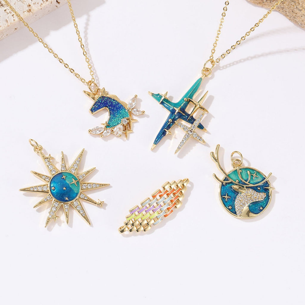 Enamel Round Deer Antler Charms, Sun, North Star, Malachite Blue Moose Pendant, 18K Gold Plated, Necklace Making Charms, Jewelry Findings