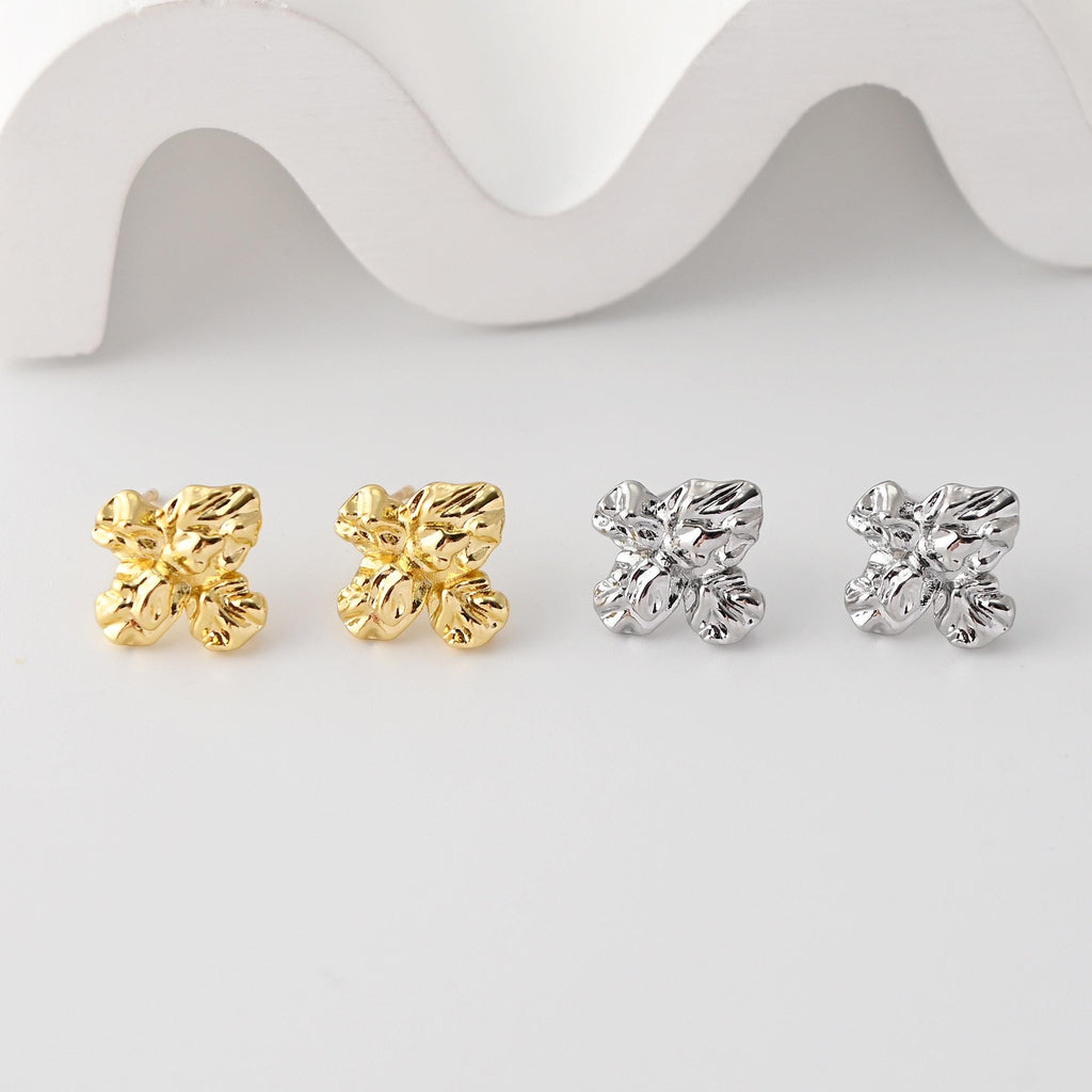 Pleated Flower Earrings Post With Loop, 18K Gold Plated, Nickel Free, S925 Silver Pin, Ear Stud Hypoallergenic Earring Findings D0447