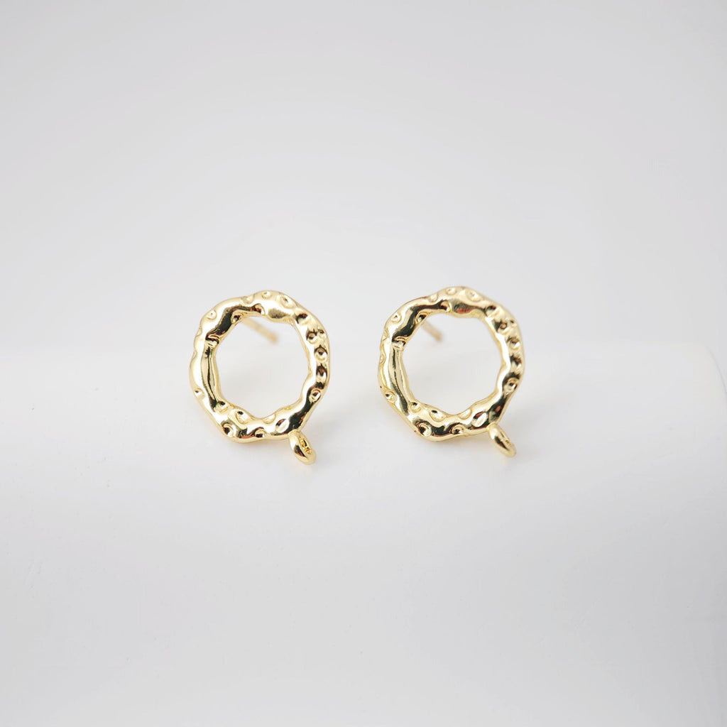 18K Gold Hammered Circle Post With Loop, S925 Silver Pin, Round Stud Earring Nickel Free, 14.6*11.5mm, Hypoallergenic Earring Findings D0231