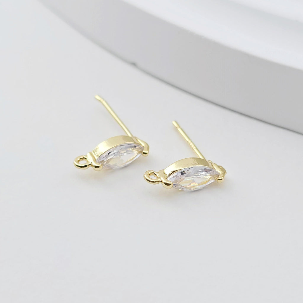 18K Gold Oval Post, CZ Pave, S925 silver pin, 11.9*4MM, Stud Earring Nickel Free, Hypoallergenic Earring Findings D0282