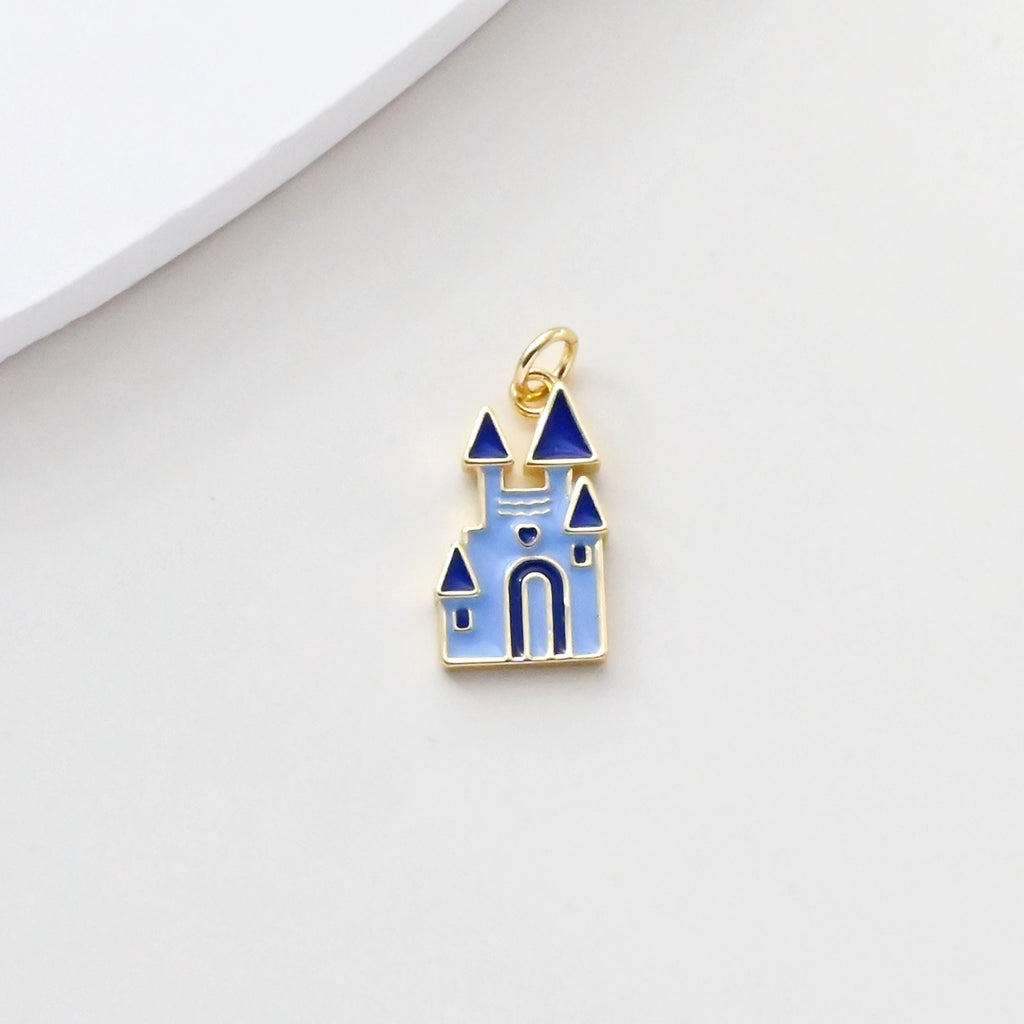 Colgante de castillo, dijes de castillo 3D esmaltados, dijes de castillo chapados en oro de 18 quilates, para hacer pulseras y collares, accesorios de joyería S1376
