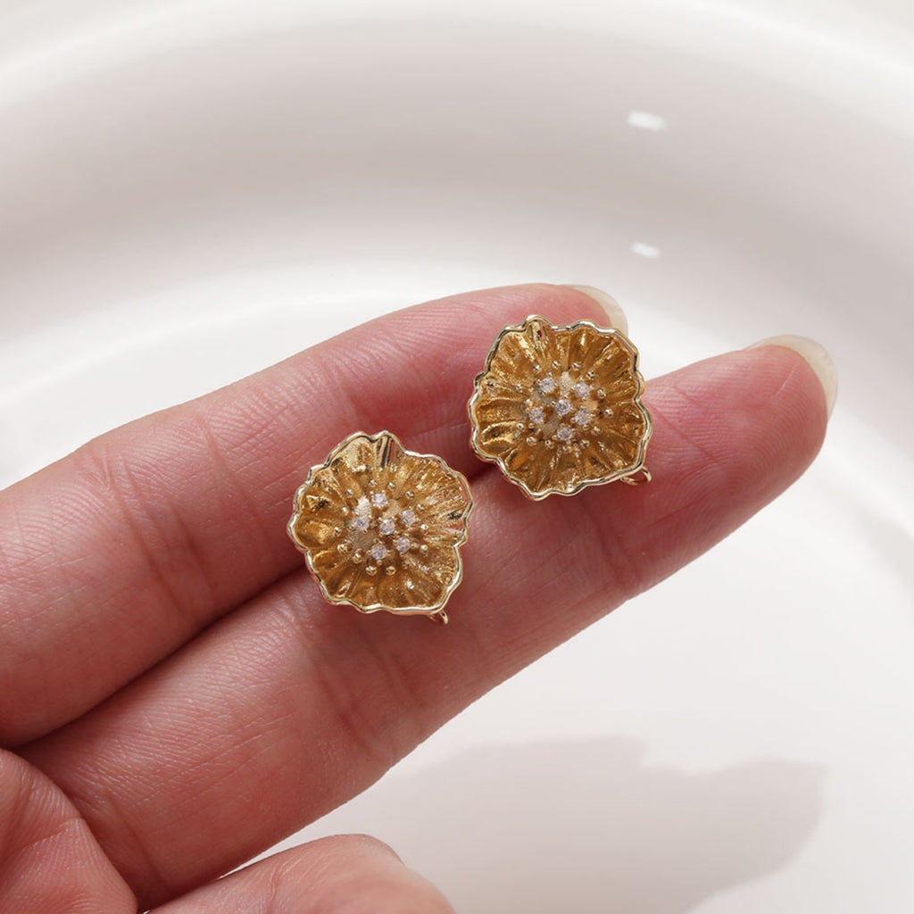 Cubic Flower Earring Post with Loops, S925 Silver Pin Nickel Free Earrings, CZ Pave Ear Stud Loop, Hypoallergenic Earring Findings BB045