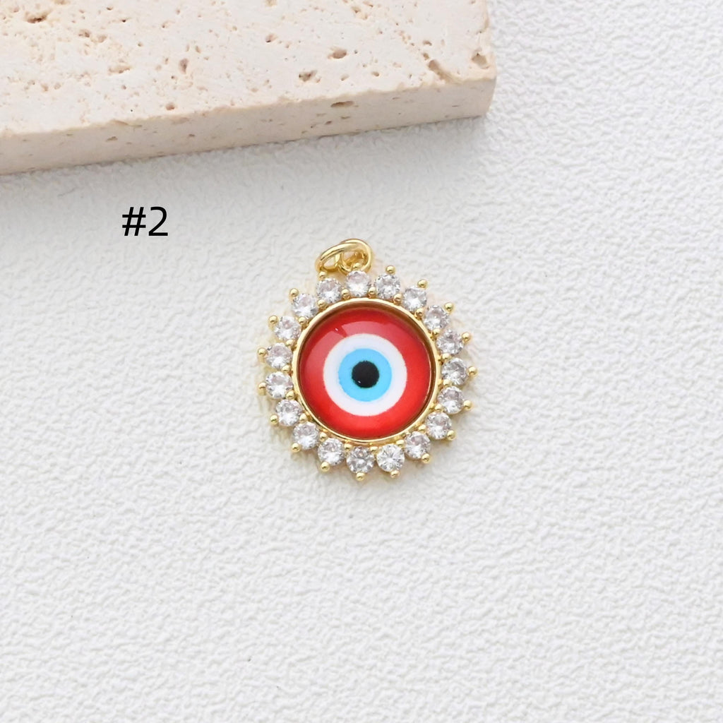 Evil Eye Charm, Enamel Devil's Eye Charm, Pave CZ, Round Pendant, 18K Gold Plated, Necklace Making Charm, Jewelry Findings S1347