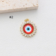 Load image into Gallery viewer, Evil Eye Charm, Enamel Devil&#39;s Eye Charm, Pave CZ, Round Pendant, 18K Gold Plated, Necklace Making Charm, Jewelry Findings S1347