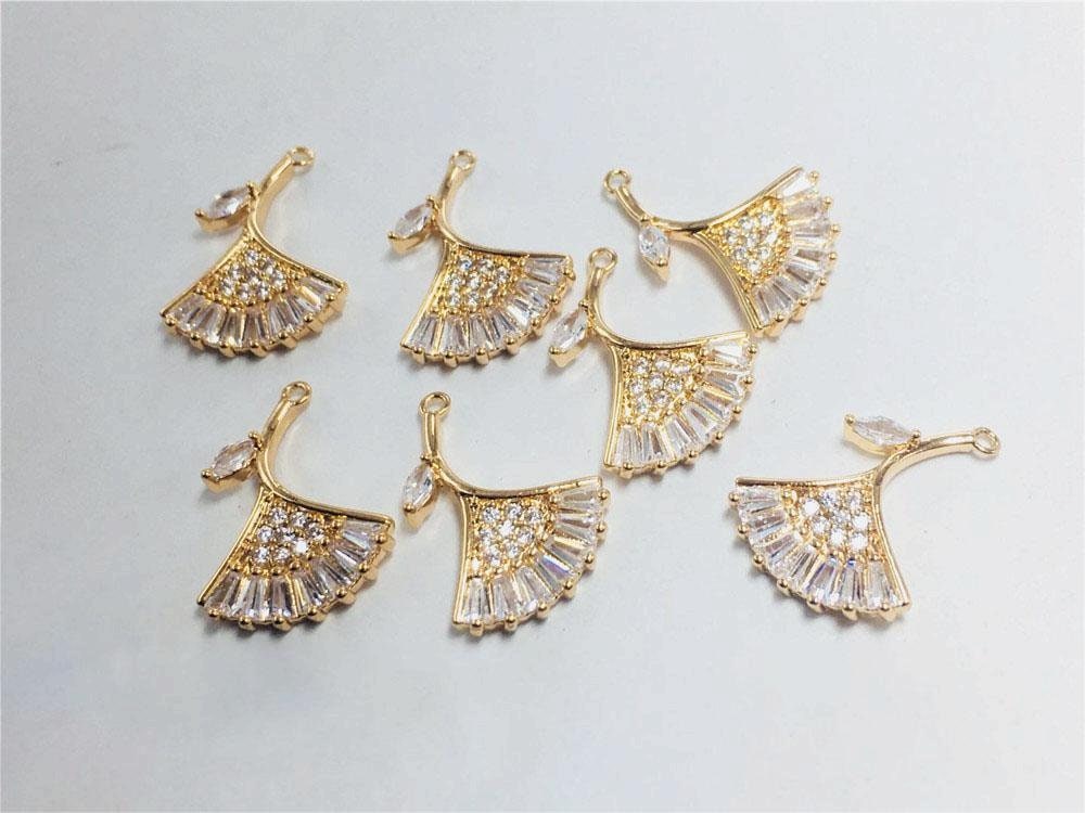 CZ Pave Fan Shape Charm, Cubic Zircon Crystal Fan Connector, CZ Earring Charms, Real Gold Plated, Jewelry Findings STG053-F219
