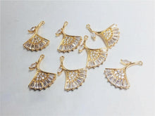 Load image into Gallery viewer, CZ Pave Fan Shape Charm, Cubic Zircon Crystal Fan Connector, CZ Earring Charms, Real Gold Plated, Jewelry Findings STG053-F219