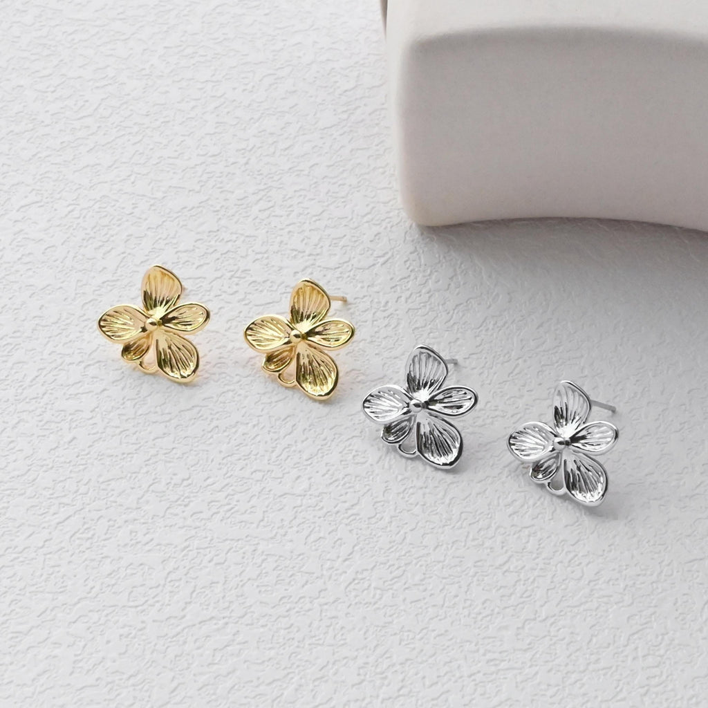 Flower Earring Post, 18K Real Gold Plated Brass Stud Earring With Loop, s925 silver pin, Nickel Free, Earring Finding D0411